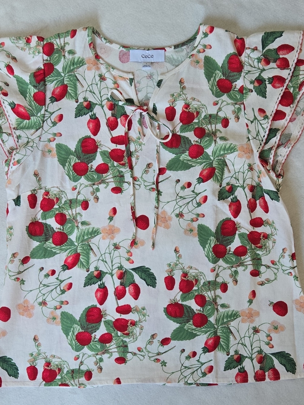 CeCe White Strawberry Print Tie-Neck Women's Top